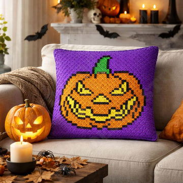 Halloween Cushion All Hallows' Eve Pumpkin Purple Pillow Crochet Pattern Mini-C2C