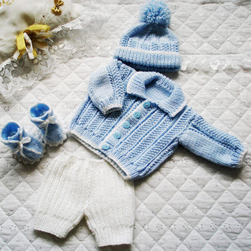 Baby knitting pattern Cardigan, Shorts, Hat and Boots, 0-3 Month Baby, 20-22 inch Doll