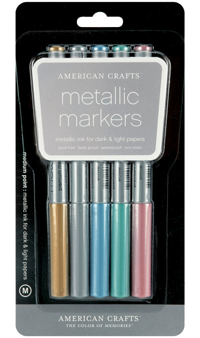 American Crafts Metallic Markers Medium Point 5/Pkg - Gold, Silver, Blue, Violet & Brown