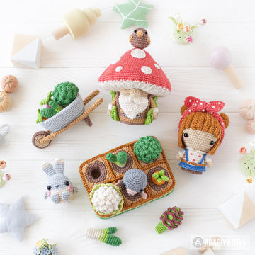 5-in-1 vegetable patch crochet pattern amigurumi by AradiyaToys mini kingdom mushroom gnome crochet tutorial DIY PDF file bunny garden girl by AradiyaToys (Olka Novytska)