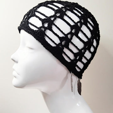 Crochet Mesh Skull Cap with Feather Charms