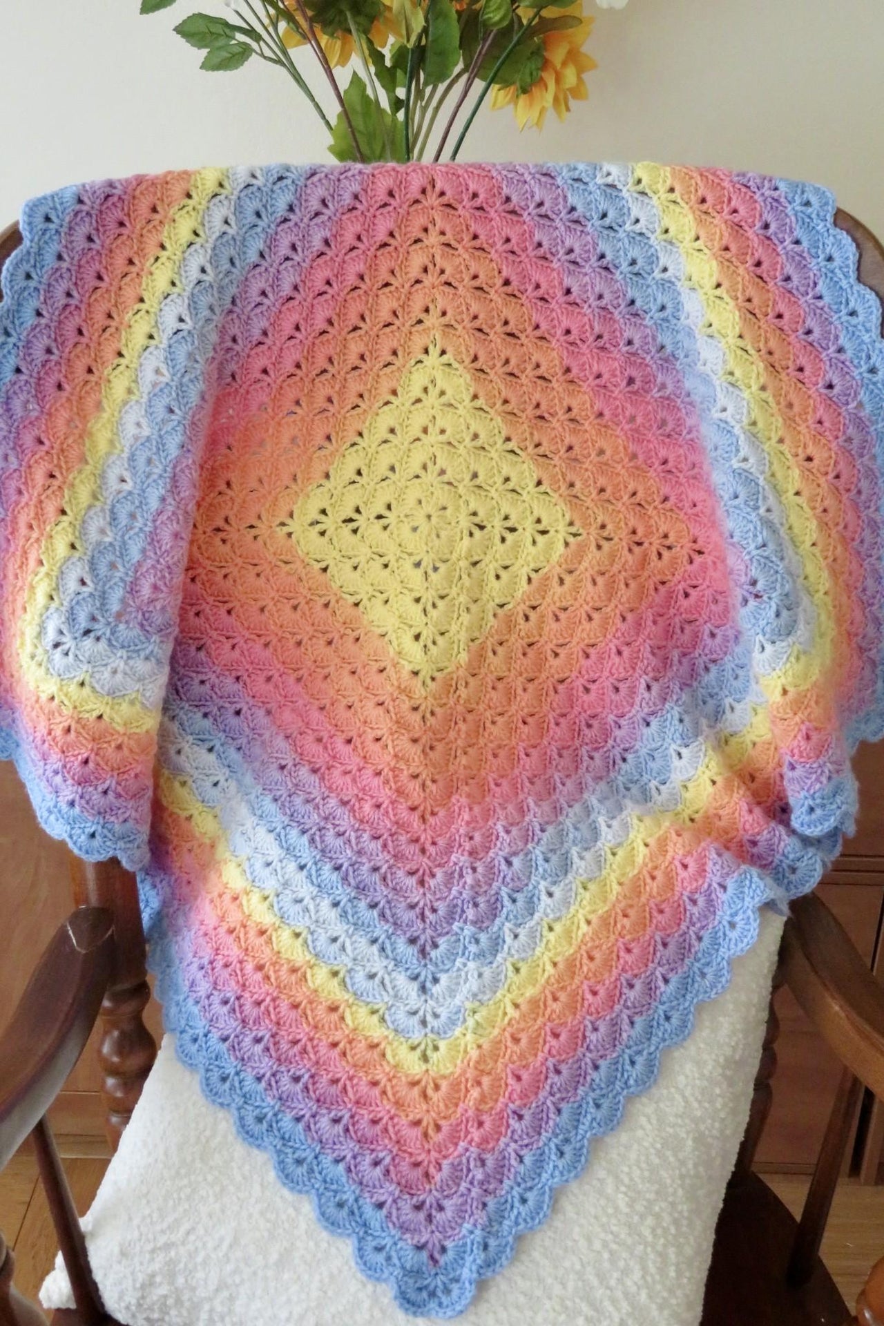 Gentle Rainbow Shell Stitch Lion Brand Baby Mandala Blanket