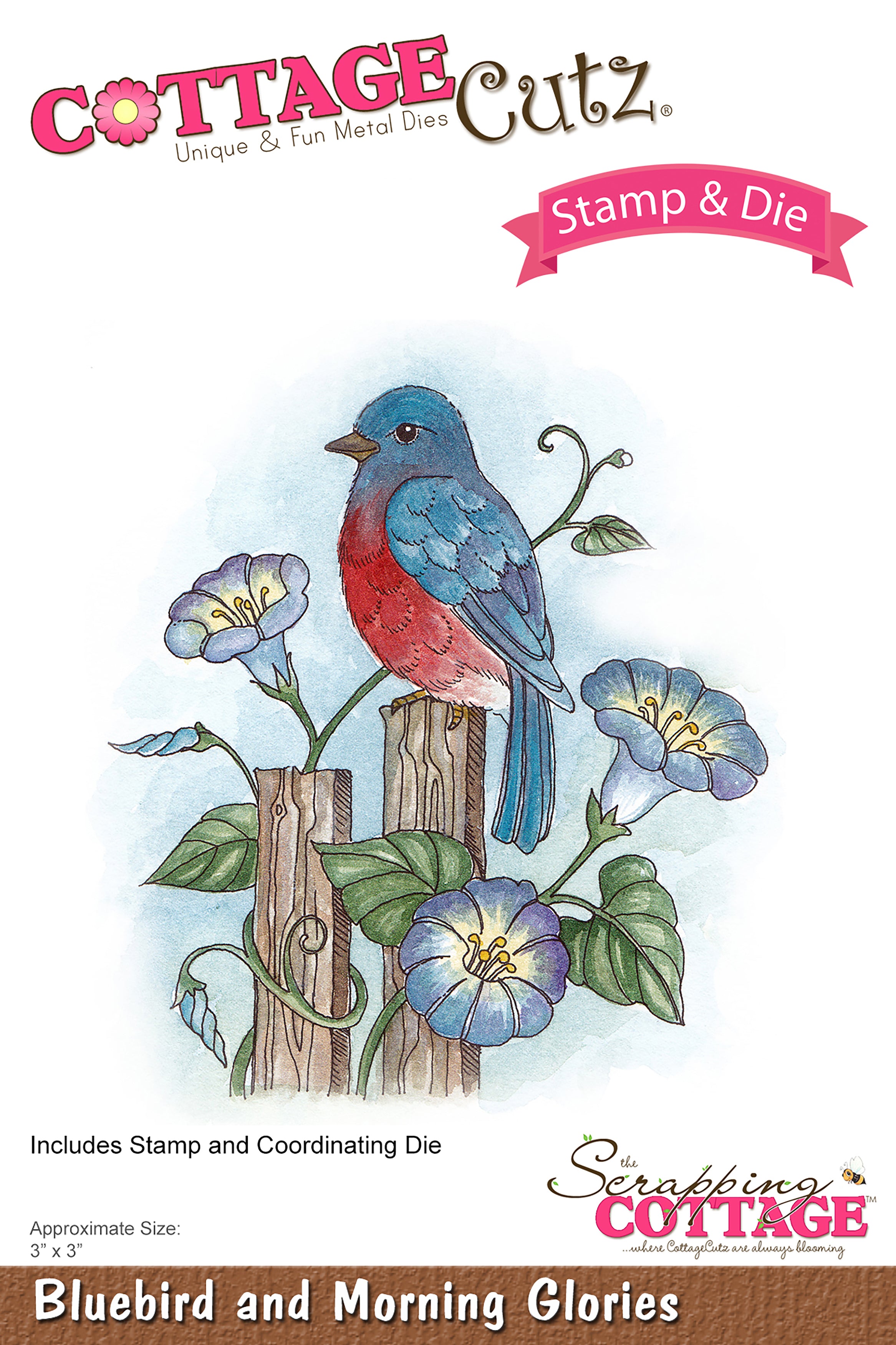 CottageCutz Stamp & Die Set - Bluebird & Morning Glories 3"X3"