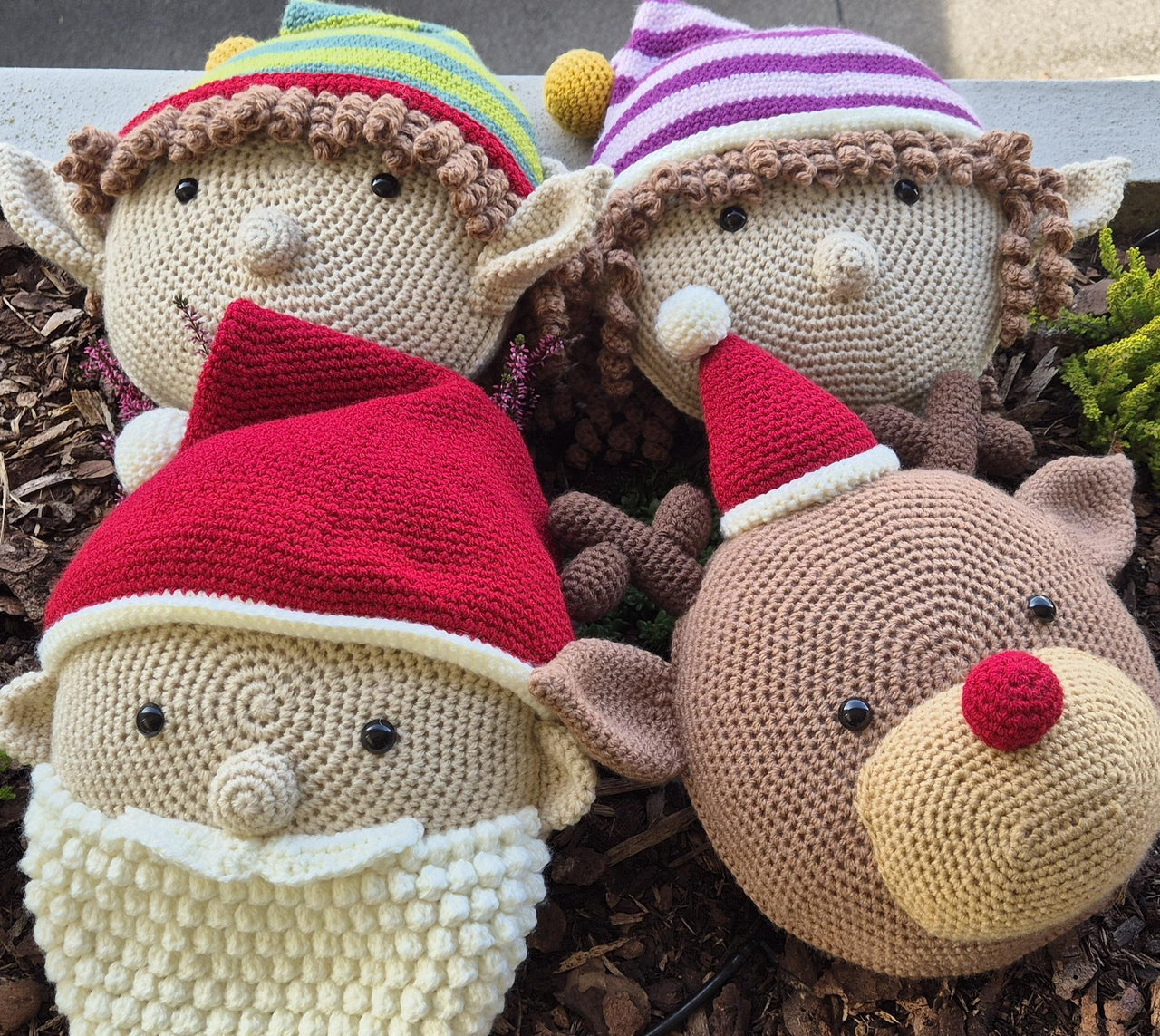 Christmas Pillow Cushion Crochet Amigurumi Santa Reindeer Rudolph Elf