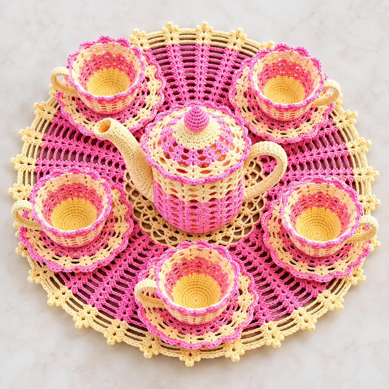 Crochet Tea Set Pattern – Teapot, Cups, Saucers & Doily PDF Pattern