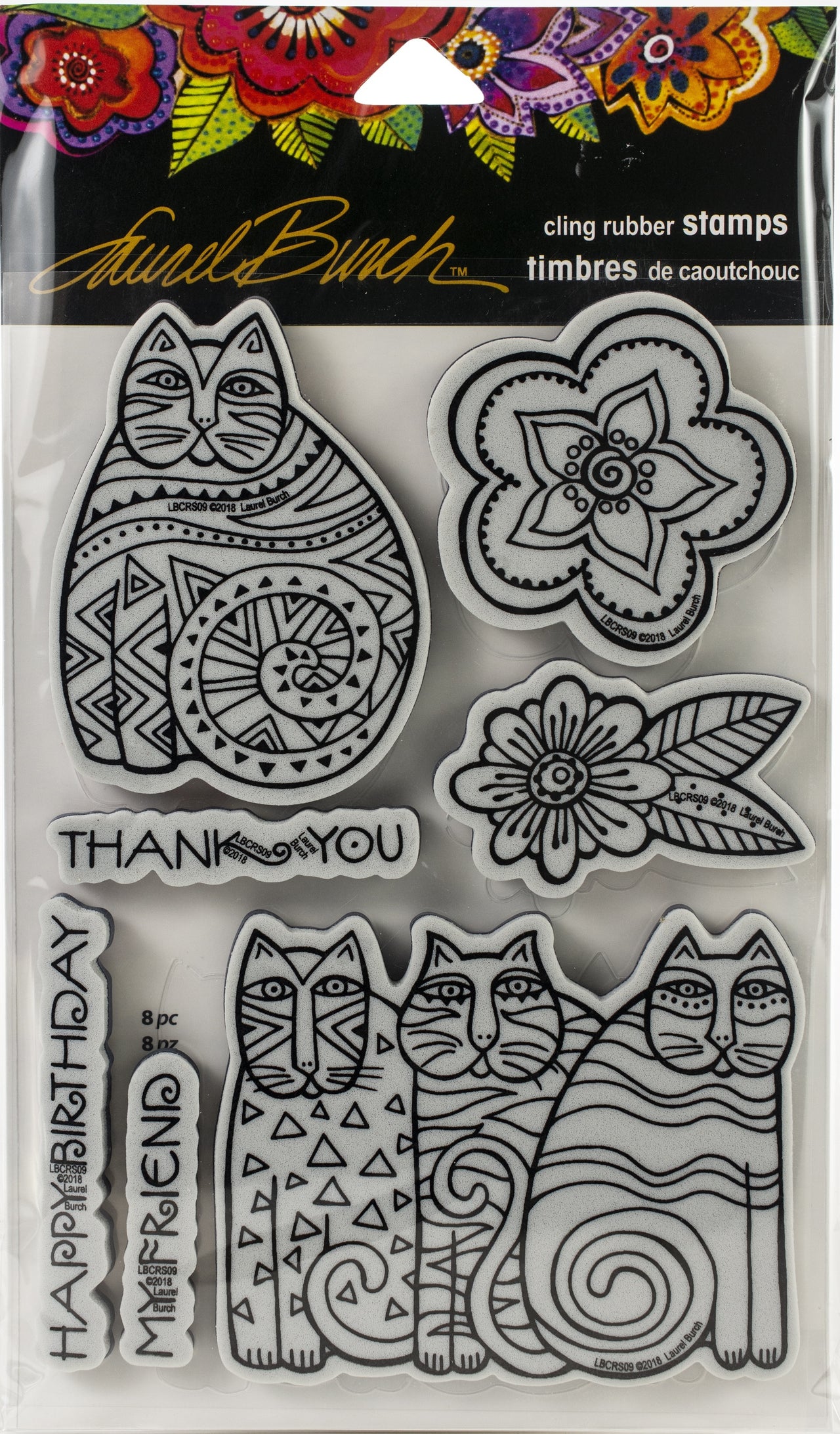 Stampendous Laurel Burch Cling Stamp W/Template - Feline Blooms