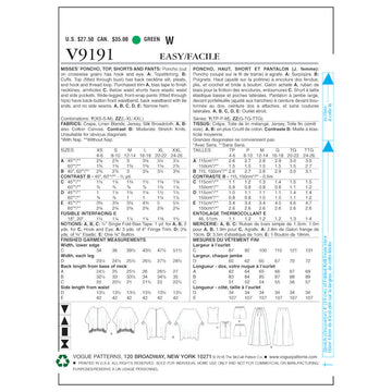 Vogue Misses' Ponchos, Back-Pleat Top, Shorts and Wide-Leg Wrap Pants V9191 - Sewing Pattern
