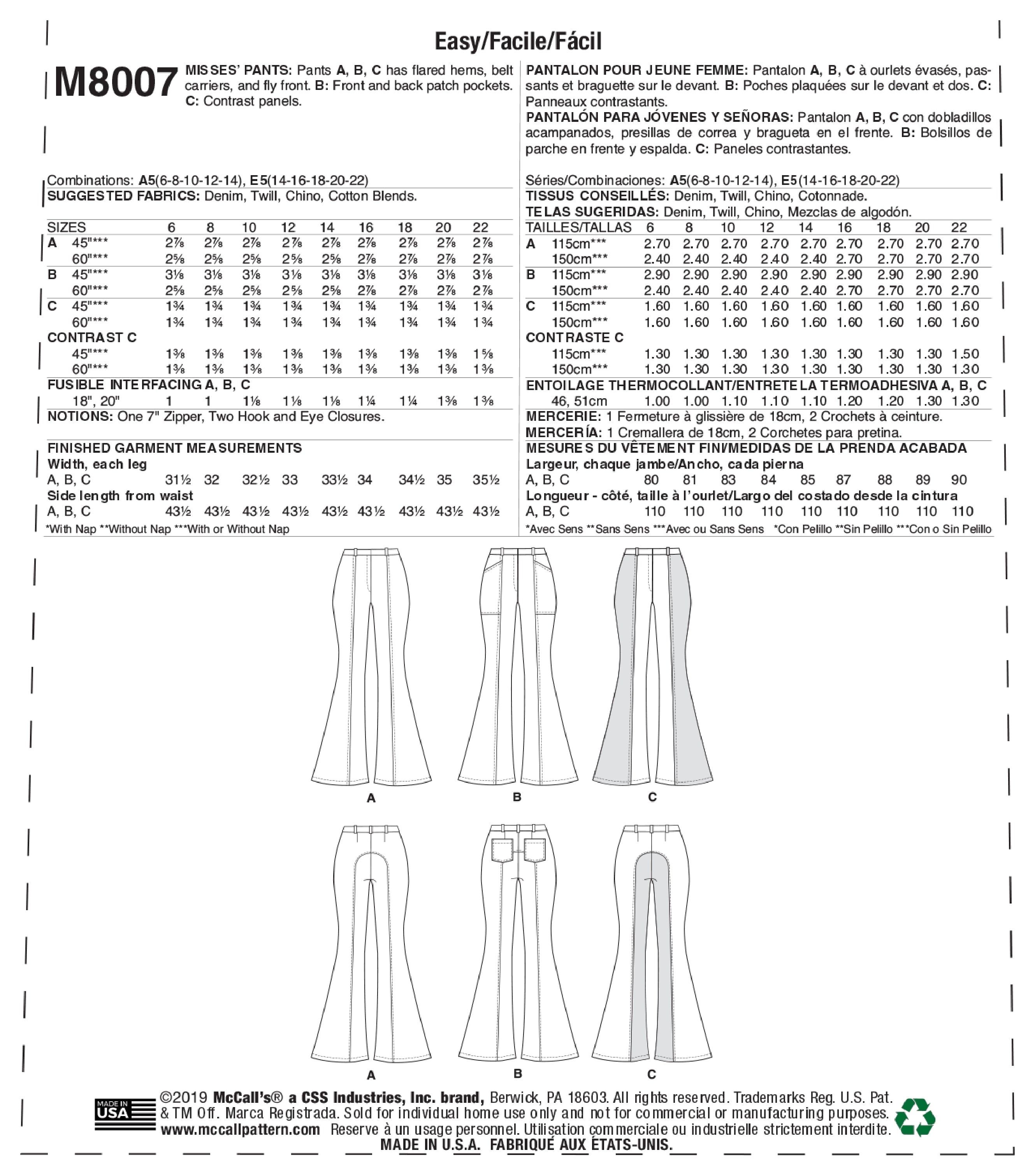 McCall's Misses' Pants M8007 - Sewing Pattern