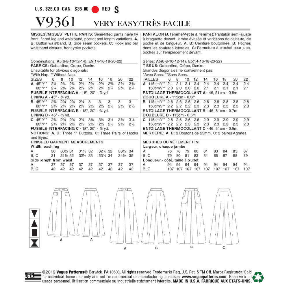 Vogue Misses'/Misses' Petite Pants V9361 - Sewing Pattern