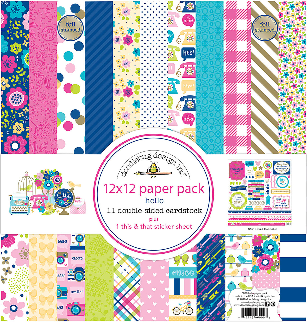 Doodlebug Double-Sided Paper Pack 12"X12" 12/Pkg - Hello