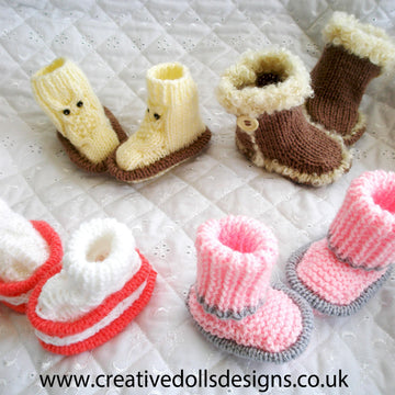 Knitting pattern for 4 types of boots 20-22" Doll, 0-3 Month Baby
