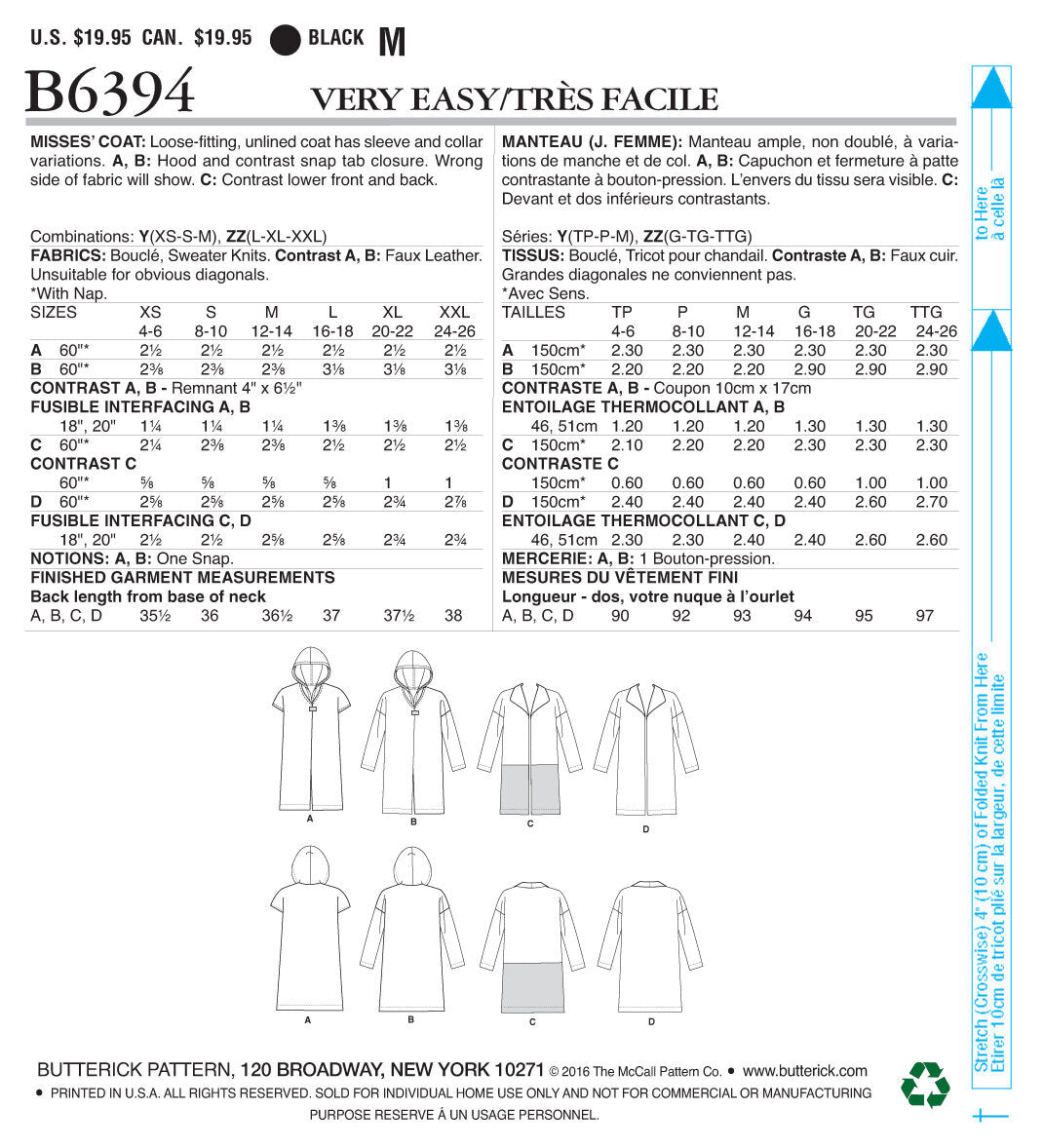 Butterick Misses' Shawl Collar Coats B6394 - Sewing Pattern