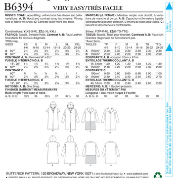 Butterick Misses' Shawl Collar Coats B6394 - Sewing Pattern
