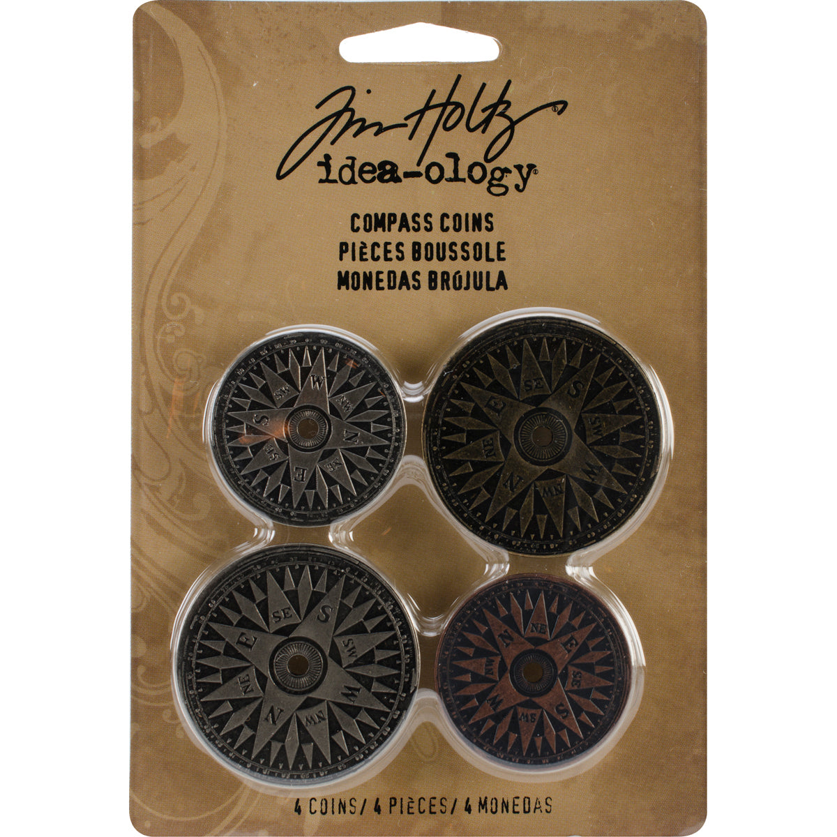 Advantus Idea-Ology Metal Compass Coins 1.25" & 1.5" 4/Pkg - Antique Nickel, Brass & Copper