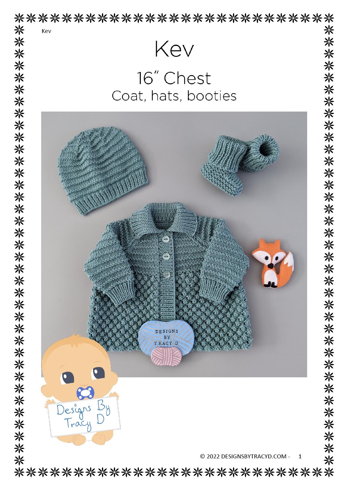 Kev Baby Knitting Pattern. Newborn Coat, Hat & Booties