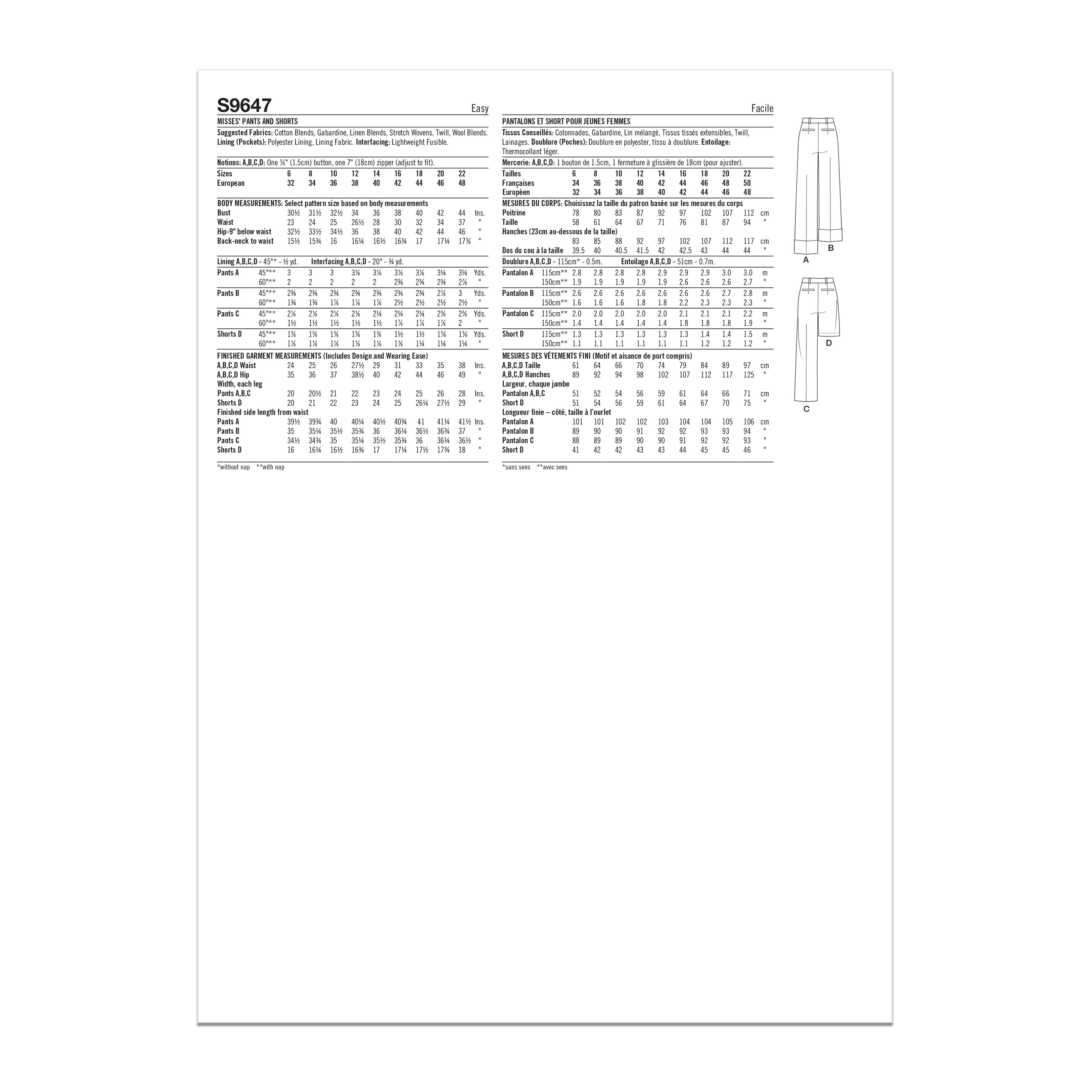 Simplicity Misses' Pants and Shorts S9647 - Sewing Pattern