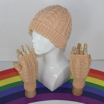 Adult Teen Aran Double cable Beanie Hat & Fingerless Gloves Circular