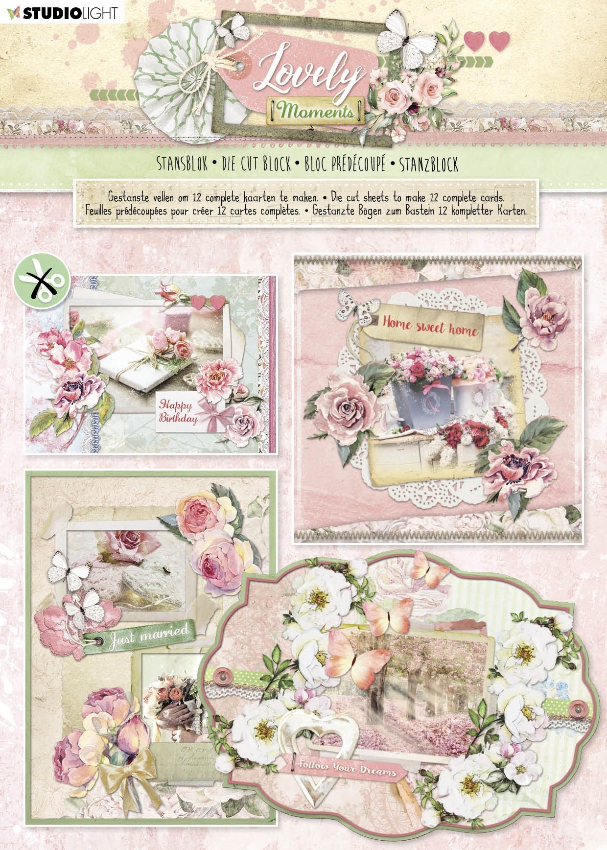 Studio Light Die-Cut Card Toppers A4 12/Pkg - Lovely Moments, Makes 12 Cards