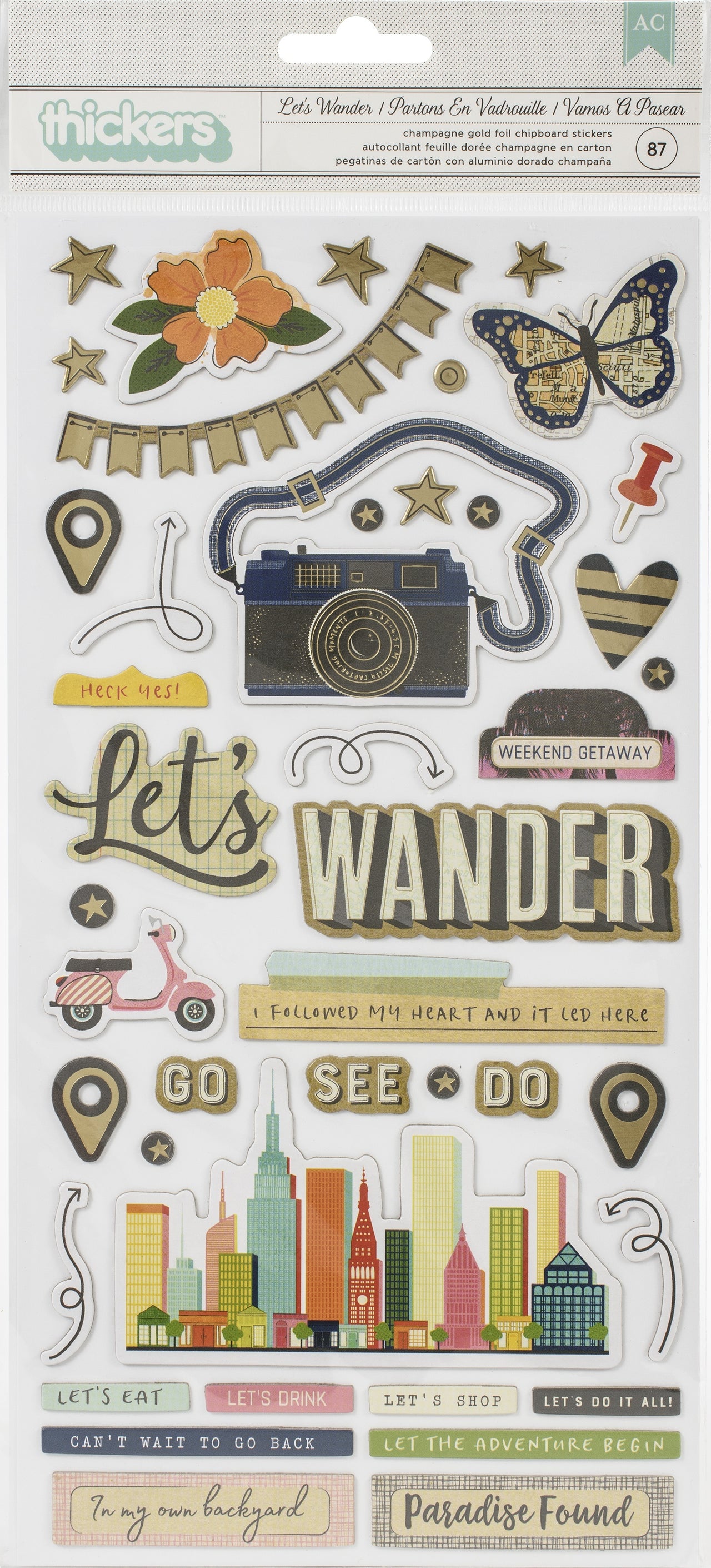 American Crafts Vicki Boutin Let's Wander Thickers Stickers 87/Pkg - Let's Wander Phrase/Chipboard