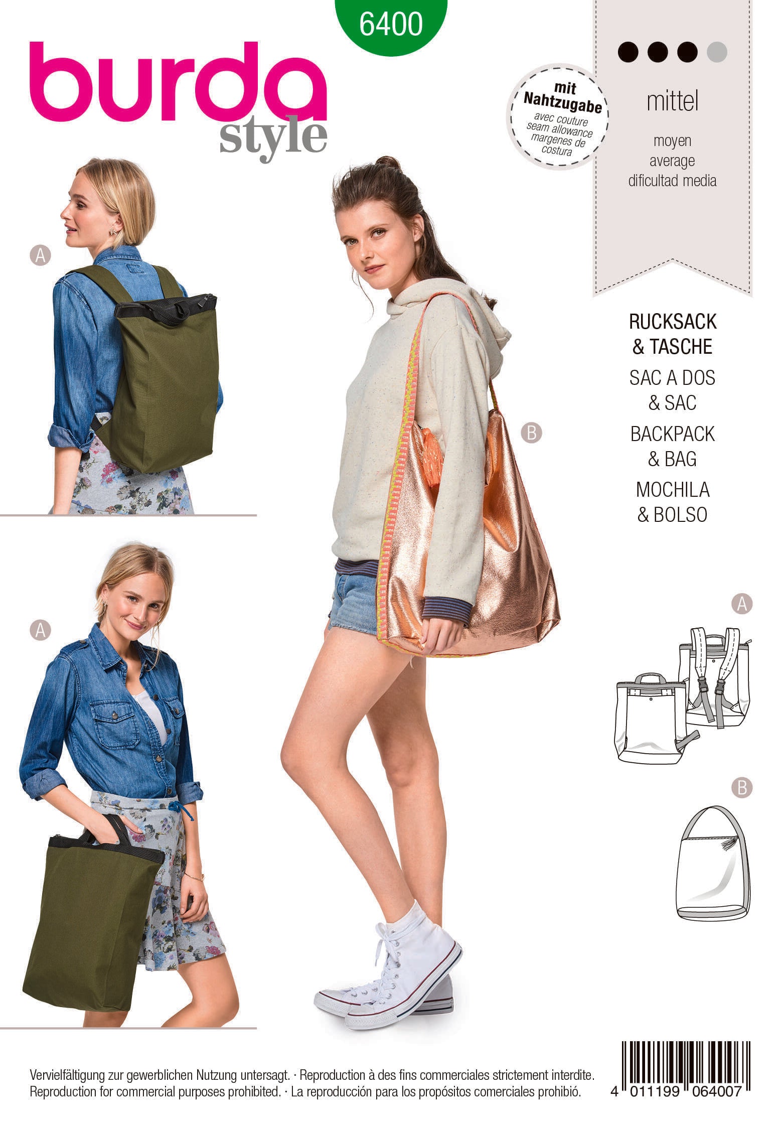 Burda Style Backpack with Zipper Fastener B6400 - Paper Pattern, Size One Size