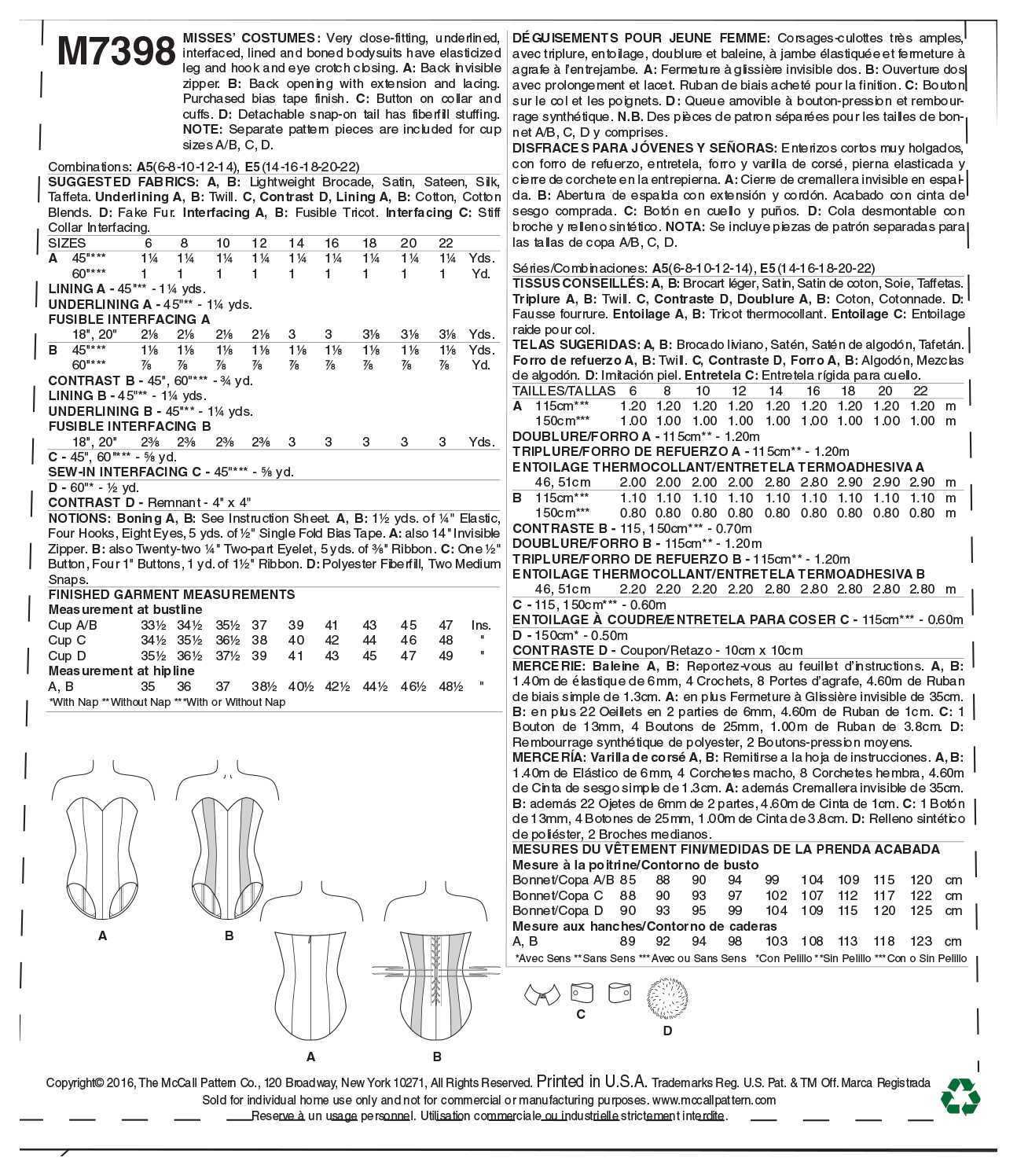 McCall's Misses' Bodysuit Corset, Collar, Cuffs and Tail M7398 - Sewing Pattern