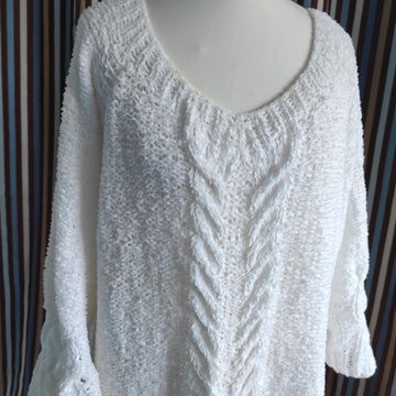 Knitting instructions for a white jumper with cable and twist patterns. Size XXXL.