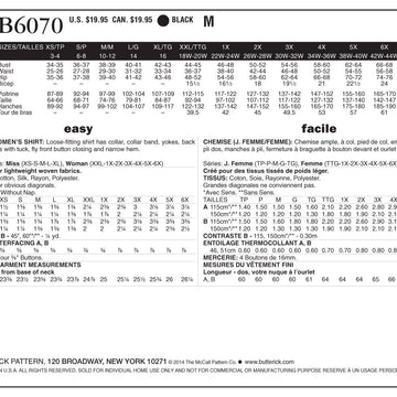 Butterick Misses'/Women's Shirt B6070 - Sewing Pattern