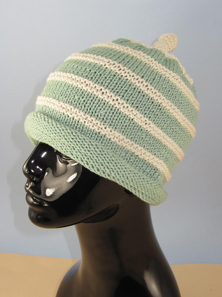 Stripe Roll Brim Topknot Beanie Hat