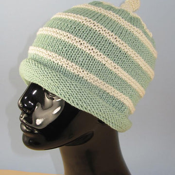 Stripe Roll Brim Topknot Beanie Hat