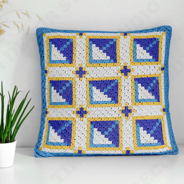 Mosaic Square Seville Tiles Sea Blue Pillow Mini C2C Crochet Pattern