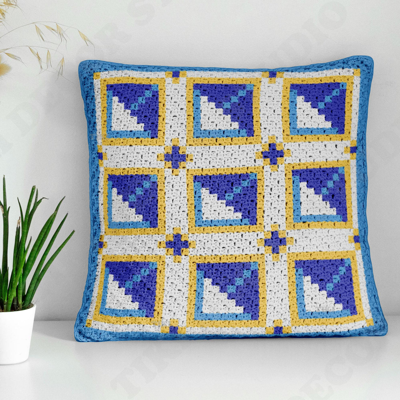 Mosaic Square Seville Tiles Sea Blue Pillow Mini C2C Crochet Pattern