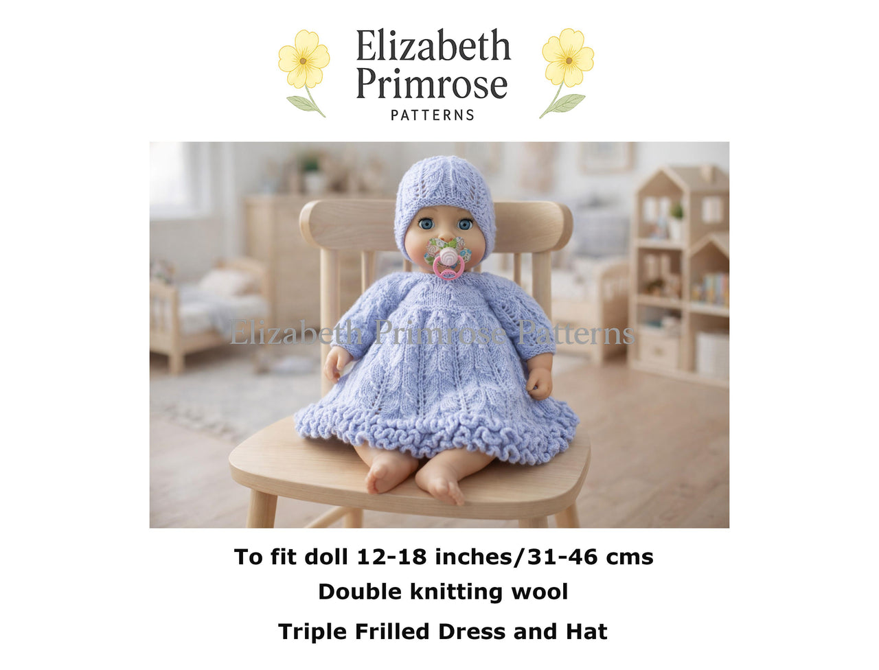 Triple Frill Doll Dress and Hat Knitting Pattern P59 – Elizabeth Primrose Patterns