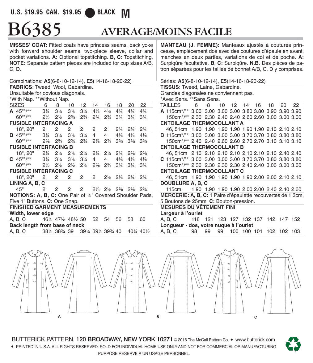 Butterick Misses' Funnel-Neck, Peter Pan or Pointed Collar Coats B6385 - Sewing Pattern