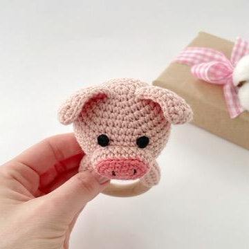 Pig crochet pattern baby rattle toy Amigurumi teether ring