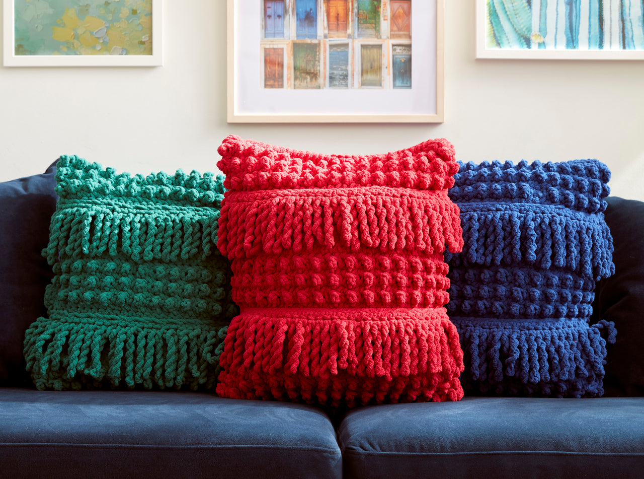 Bobble and Fringe Crochet Pillow in Bernat - Downloadable PDF