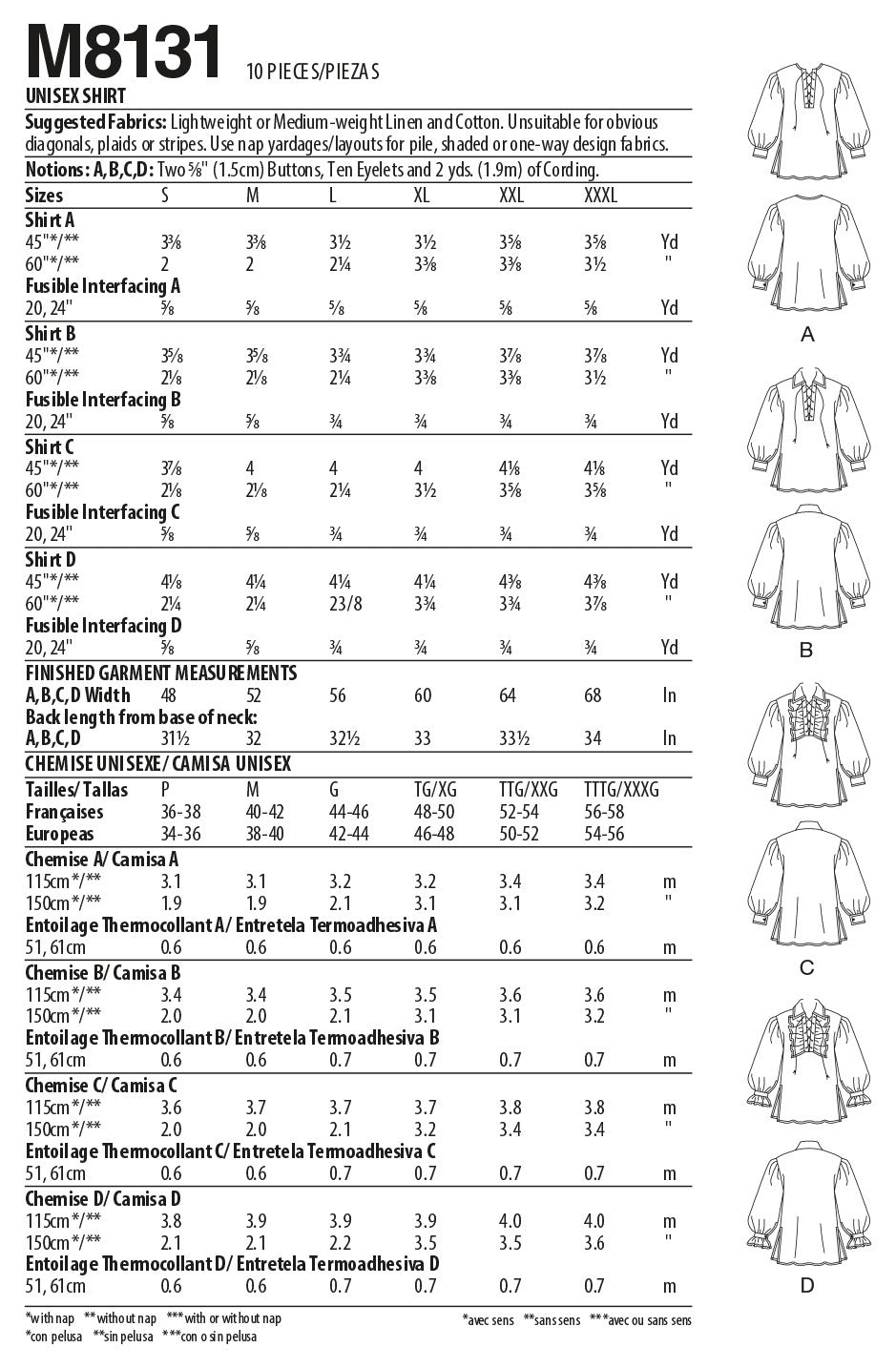 McCall's Unisex Shirts M8131 - Sewing Pattern