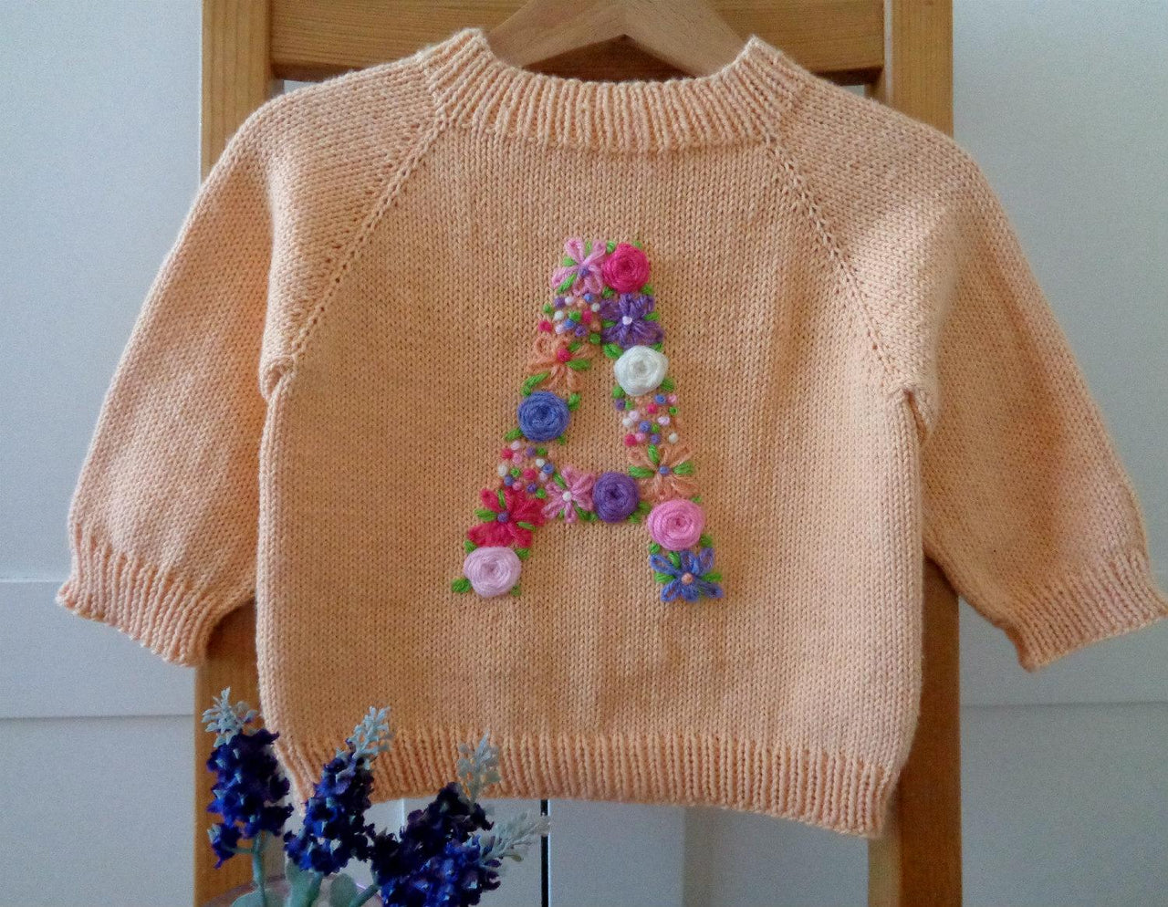 Floral Initial Embroidery Knitting Baby Sweater