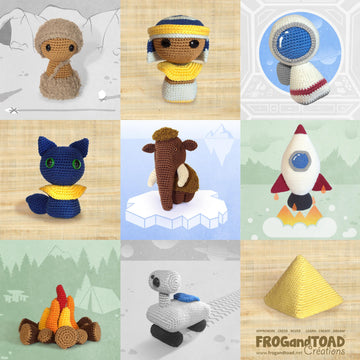 AMIGURUMI TIME TRAVEL Crochet Set - Stone Ice Age Elephant Ancient Egypt Space Astronaut Caveman Mammoth Pharoah Cat Sci-fi Nerd Geek FROGandTOAD Créations