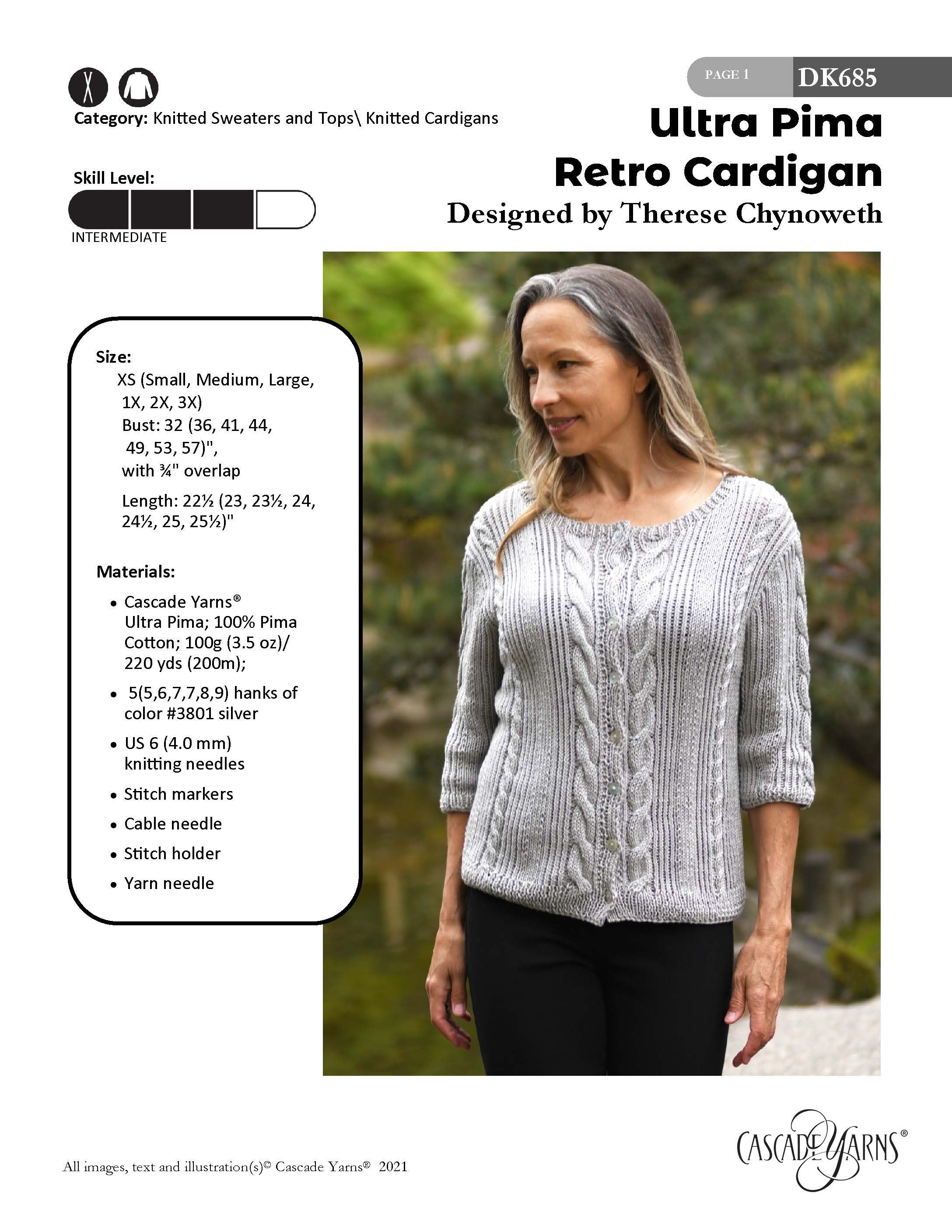 Retro Cardigan in Cascade Yarns Ultra Pima - DK685 - Downloadable PDF