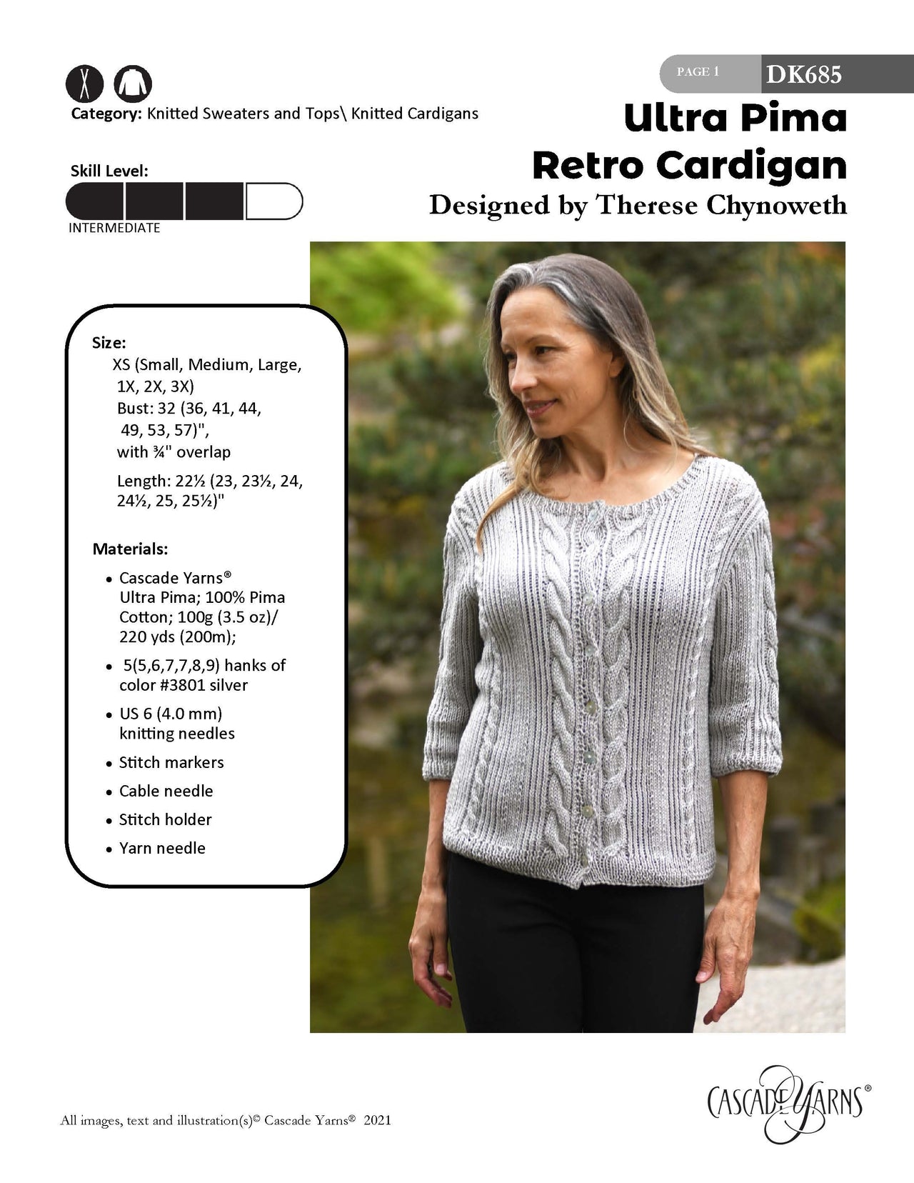 Retro Cardigan in Cascade Yarns Ultra Pima - DK685 - Downloadable PDF