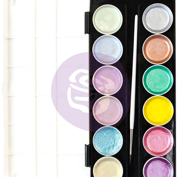 Prima Marketing Prima Art Philosophy Metallic Accents Semi-Watercolor Paint - 12 Pastel Cakes & Brush