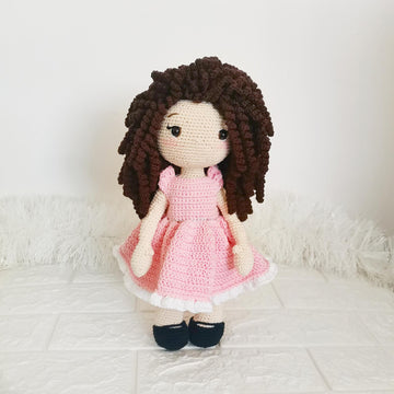 Curly Hair Doll in Pink Dress Amigurumi