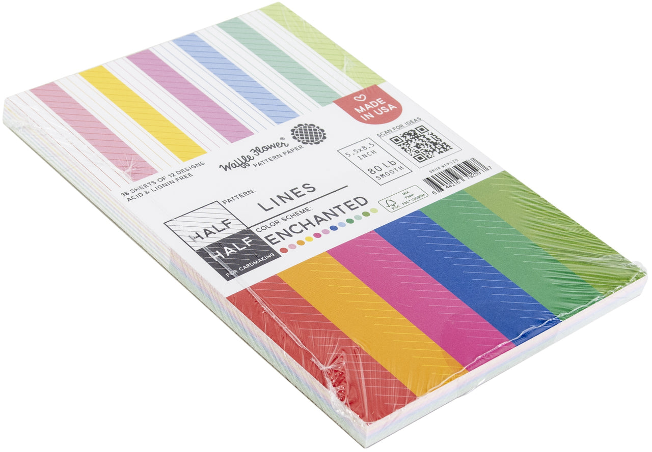 Waffle Flower Crafts Waffle Flower 80lb Single-Sided Paper Pad 5.5"X8.5" 36/Pkg - Half Lines/Enchanted, 12 Designs/3 Each