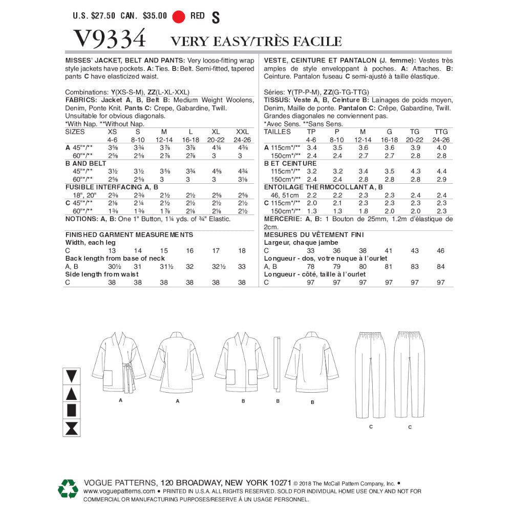 Vogue Misses' Jacket, Belt and Pants V9334 - Sewing Pattern