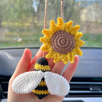 Sunflower with bee crochet pattern Car hanger, Bag charm amigurumi keyring