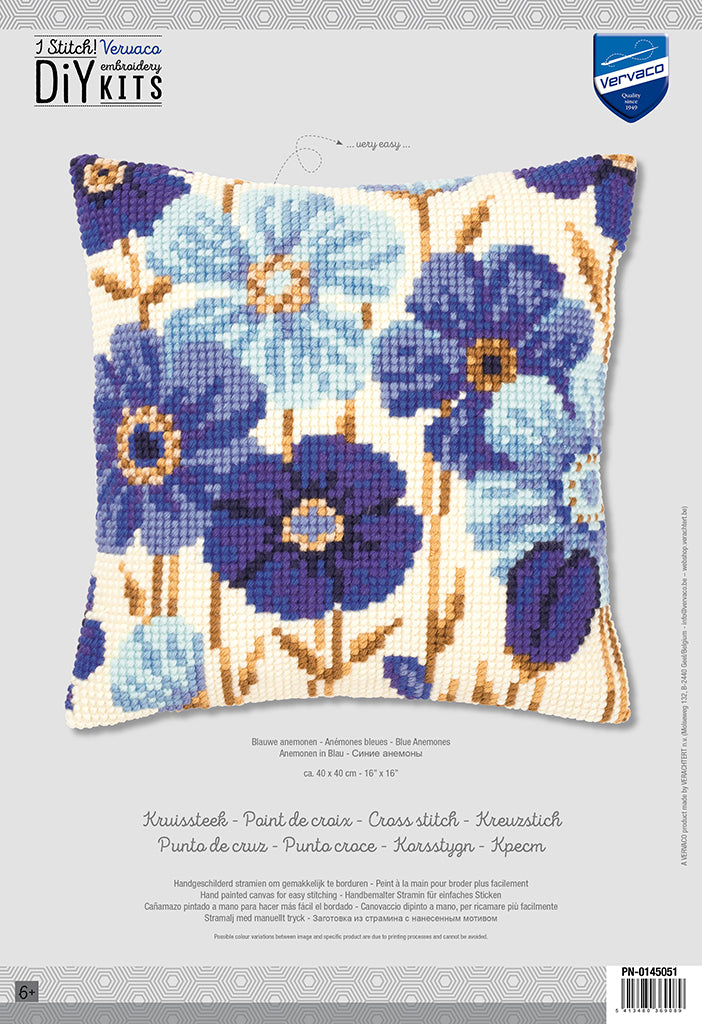 Vervaco Blue Flowers Cushion Front Chunky Cross Stitch Kit - 40cm x 40cm