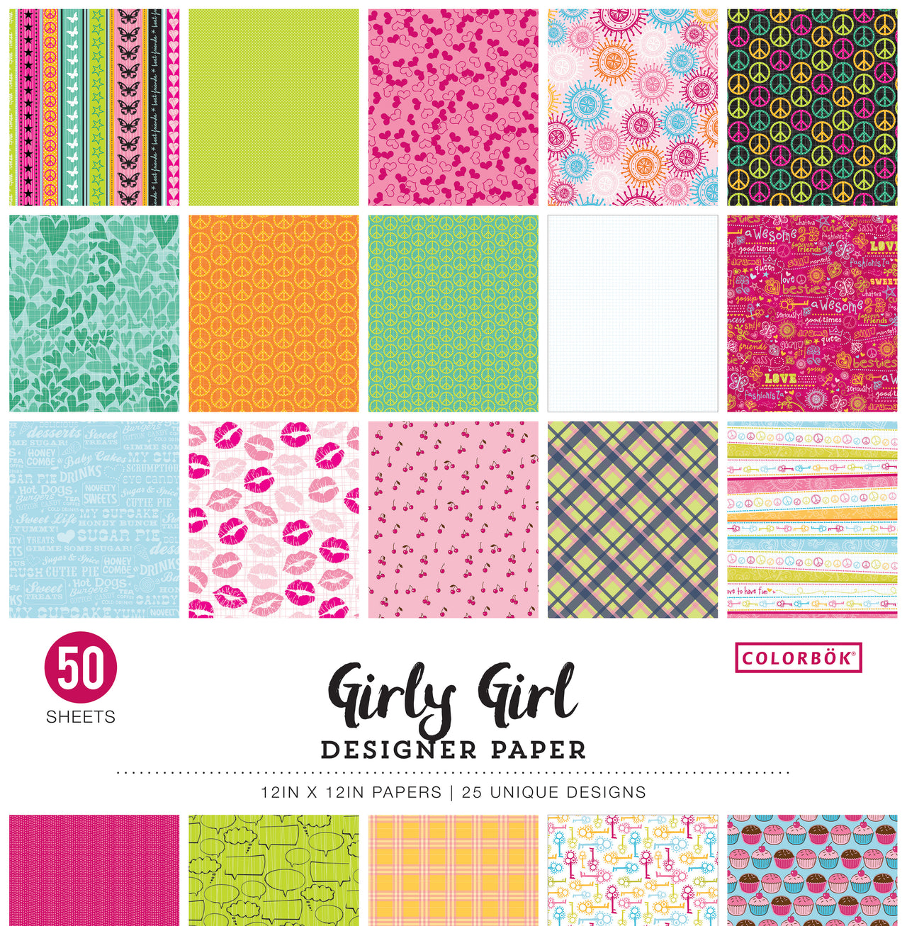 American Crafts Colorbok 68lb Designer Single-Sided Paper 12"X12" 50/Pkg - Girly Girl, 25 Designs/2 Each
