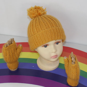 Toddler Child Aran F.Rib Bobble Beanie & Gloves