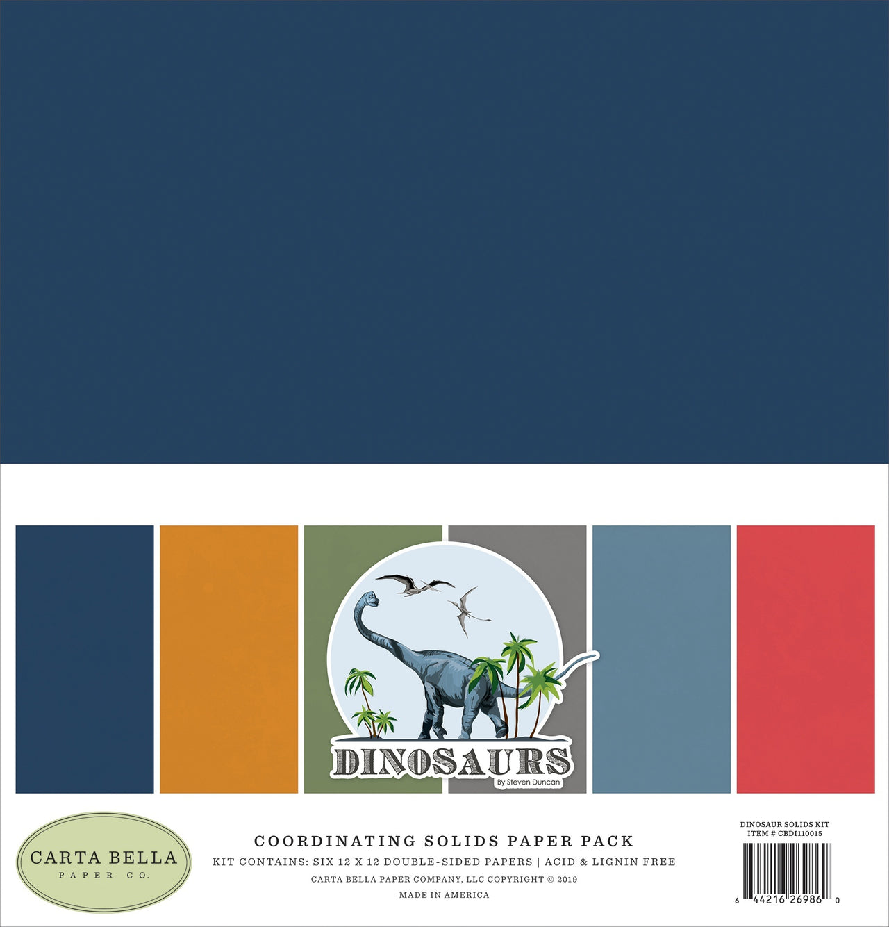 Echo Park Paper Carta Bella Double-Sided Solid Cardstock 12"X12" 6/Pkg - Dinosaurs, 6 Colors