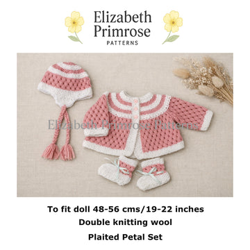 Plaited Petal Set – Cardigan, Hat & Bootees | P64 | Doll or Baby | Elizabeth Primrose Patterns